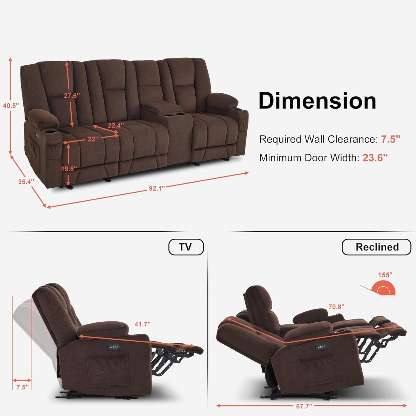 Power Reclining Sofa with Heat and Vibration,Usb Ports, Cup Holders,3-Seat Dual Recliner Sofa with Console for Living Room 6035 (Brown)-2