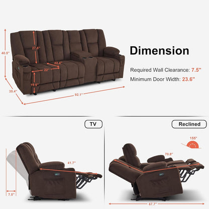 Power Reclining Sofa with Heat and Vibration,Usb Ports, Cup Holders,3-Seat Dual Recliner Sofa with Console for Living Room 6035 (Brown)-2