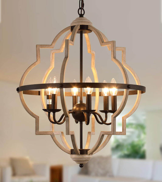 Rustic Antique Orb Chandelier Farmhouse Vintage 6-Lights Oak White Hanging Ceiling Light Fixtures for Foyer Dining Room Kitchen Living Room - Loft&Timber