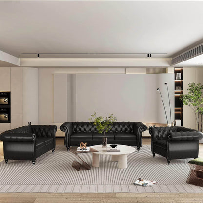 3-Piece Living Room Sectional Sofa Set, Upholstered Sofa Modern Sofa Couches Set Style Button Tufted, PU Chesterfield Sofa for Living Room Apartment, 1+2+3 Seat PU Black - Loft&Timber