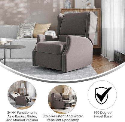 Omma Swivel Glider Rocking Recliner, Manual Wingback Recliner with 360 Degree Swivel, for Living Room, Bedroom, or Nursery, Upholstered, Dark Gray - Loft&Timber