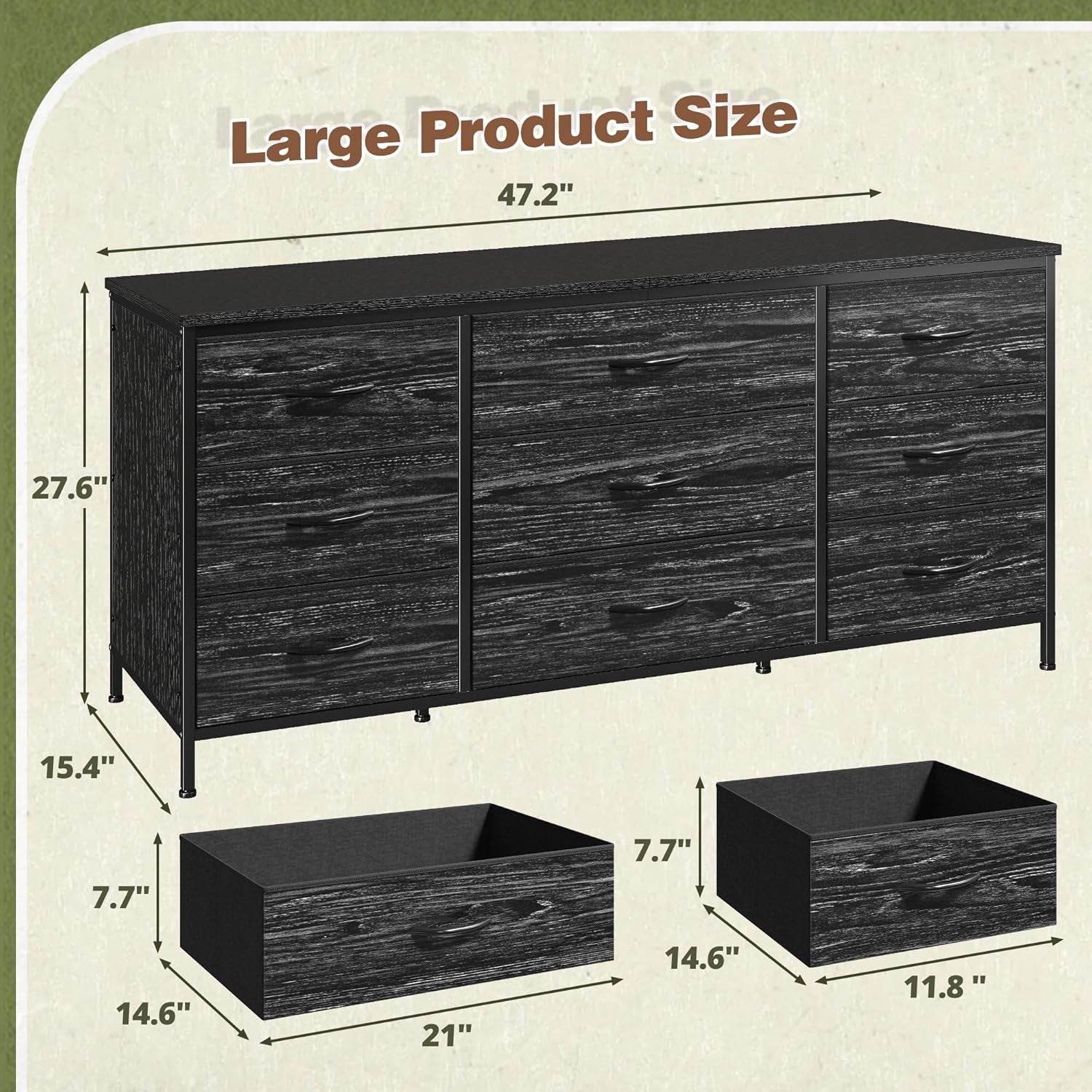 Dresser TV Stand with 9 Drawers for 60'' TV Stand in Charcoal Black - Loft&Timber