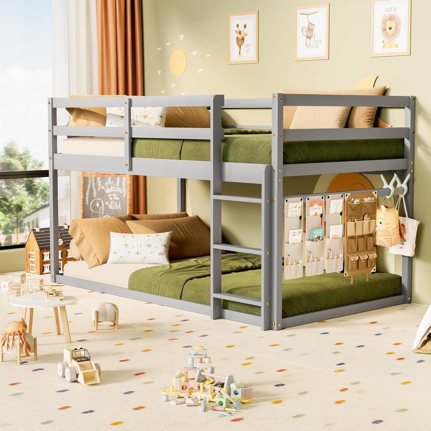 Low Bunk Bed Twin over Twin, Floor Bunk Bed with Ladder, Twin Bunk Bed with Full Guardrails, Wooden Bunk Bed for Juniors, Boys, Girls, Kids, Bedrooms (Grey) - Loft&Timber