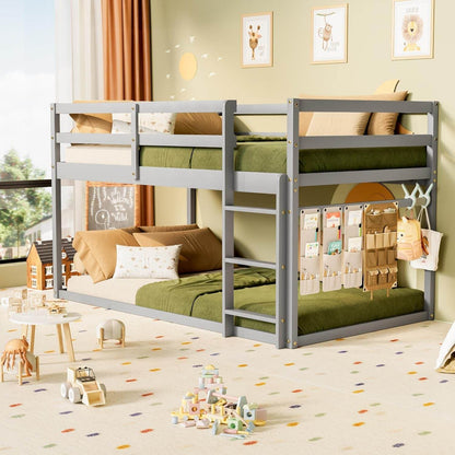 Low Bunk Bed Twin over Twin, Floor Bunk Bed with Ladder, Twin Bunk Bed with Full Guardrails, Wooden Bunk Bed for Juniors, Boys, Girls, Kids, Bedrooms (Grey) - Loft&Timber