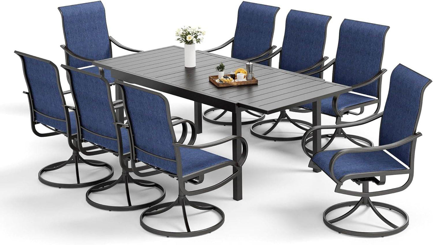 9-Piece Metal Outdoor Patio Dining Furniture Set 8 Sling Dining Swivel Chairs and 1 Expandable Outdoor Dining Rectangle Table, Blue - Loft&Timber