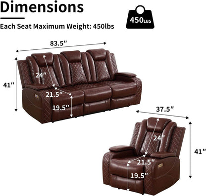 Power Brown Leather Reclining Sofa Set with LED Light - Loft&Timber