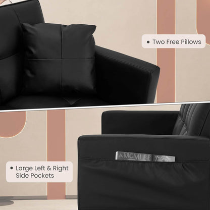 Faux Leather Futon Couch, Convertible Sofa Bed with Adjustable Back, Black - Loft&Timber