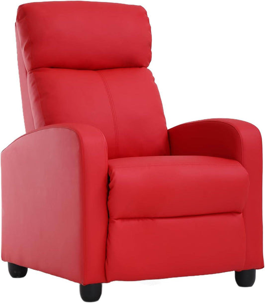 Recliner Chair Single Reclining Sofa with Lumbar Support and Padded Backrest (Leather, Red) - Loft&Timber