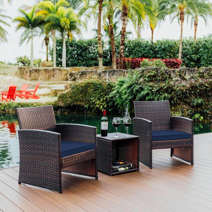 Wicker Outdoor Furniture Set - 3 Piece Patio Bistro Set (Brown/Navy) - Loft&Timber
