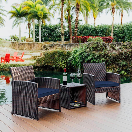 Wicker Outdoor Furniture Set - 3 Piece Patio Bistro Set (Brown/Navy) - Loft&Timber