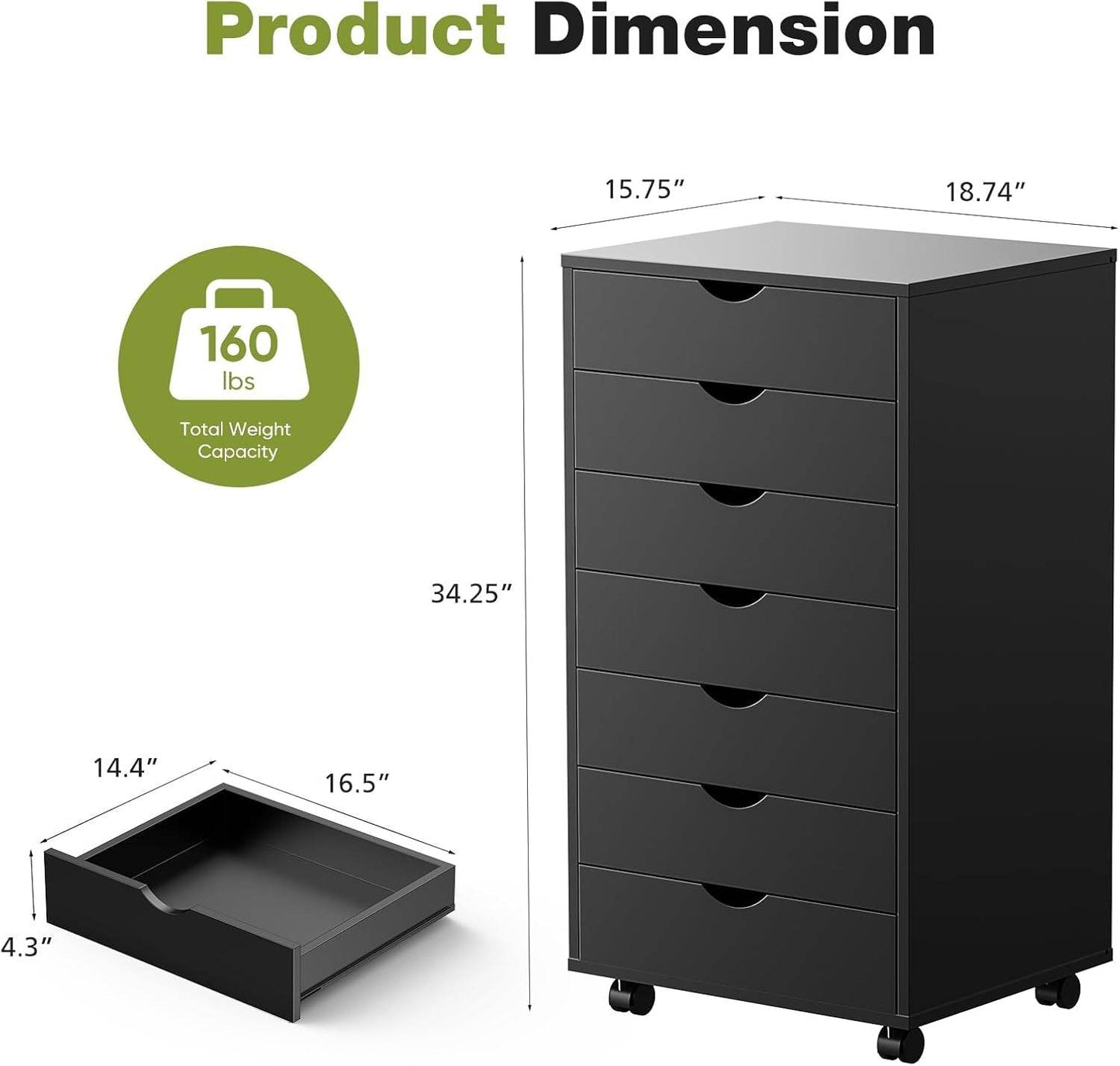 7 Drawer Chest Mobile Storage Cabinets Wooden Dresser with Wheels in Black - Loft&Timber