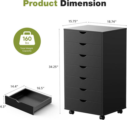 7 Drawer Chest Mobile Storage Cabinets Wooden Dresser with Wheels in Black - Loft&Timber