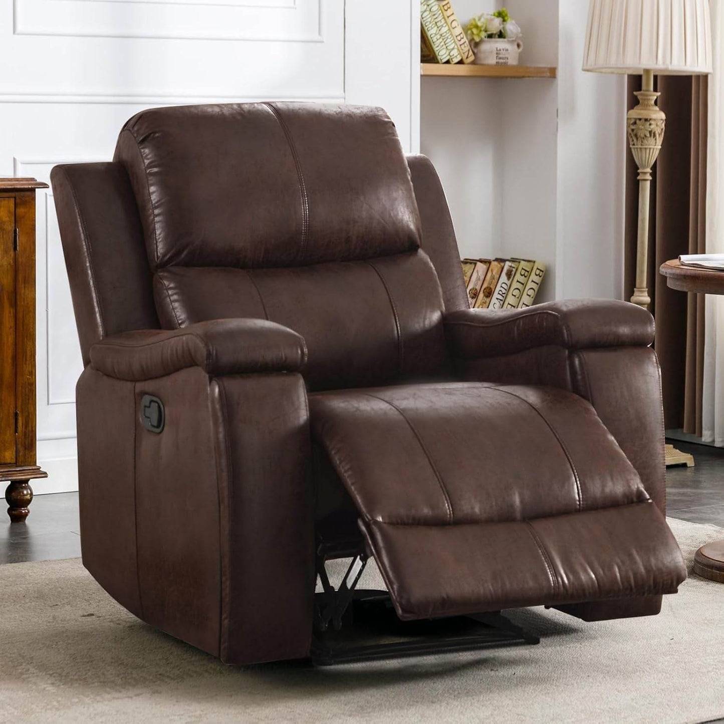 Leather Recliner Chair, Classic and Traditional Manual Recliner Chair with Overstuffed Arms and Back, Manual Single Sofa with Concealed Cup Holders,Red Brown - Loft&Timber