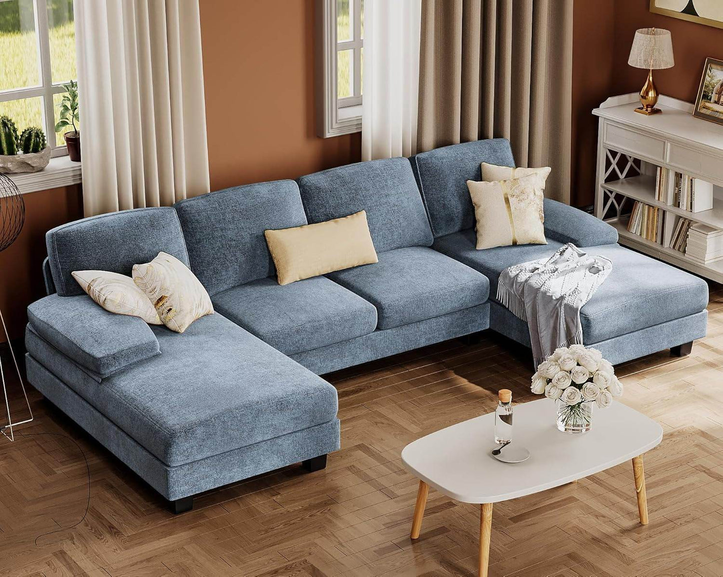 Sectional Couches, 4 Seat Sofa Set with Double Chaise, Fabric, Light Blue - Loft&Timber