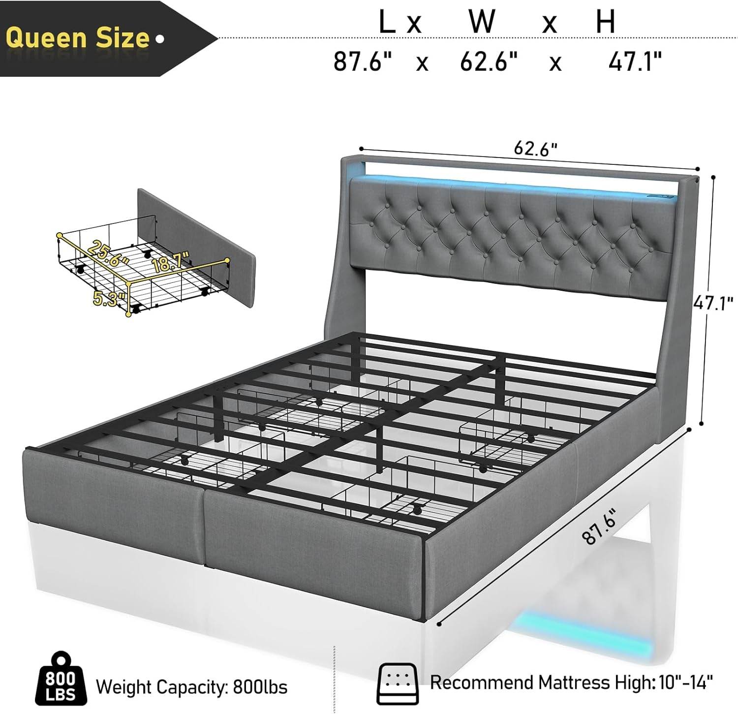Queen Bed Frame with Storage Headboard and 4 Drawer, Metal Platform Bed Frame Queen Size with in Gray - Loft&Timber