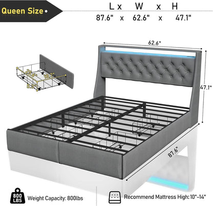 Queen Bed Frame with Storage Headboard and 4 Drawer, Metal Platform Bed Frame Queen Size with in Gray - Loft&Timber