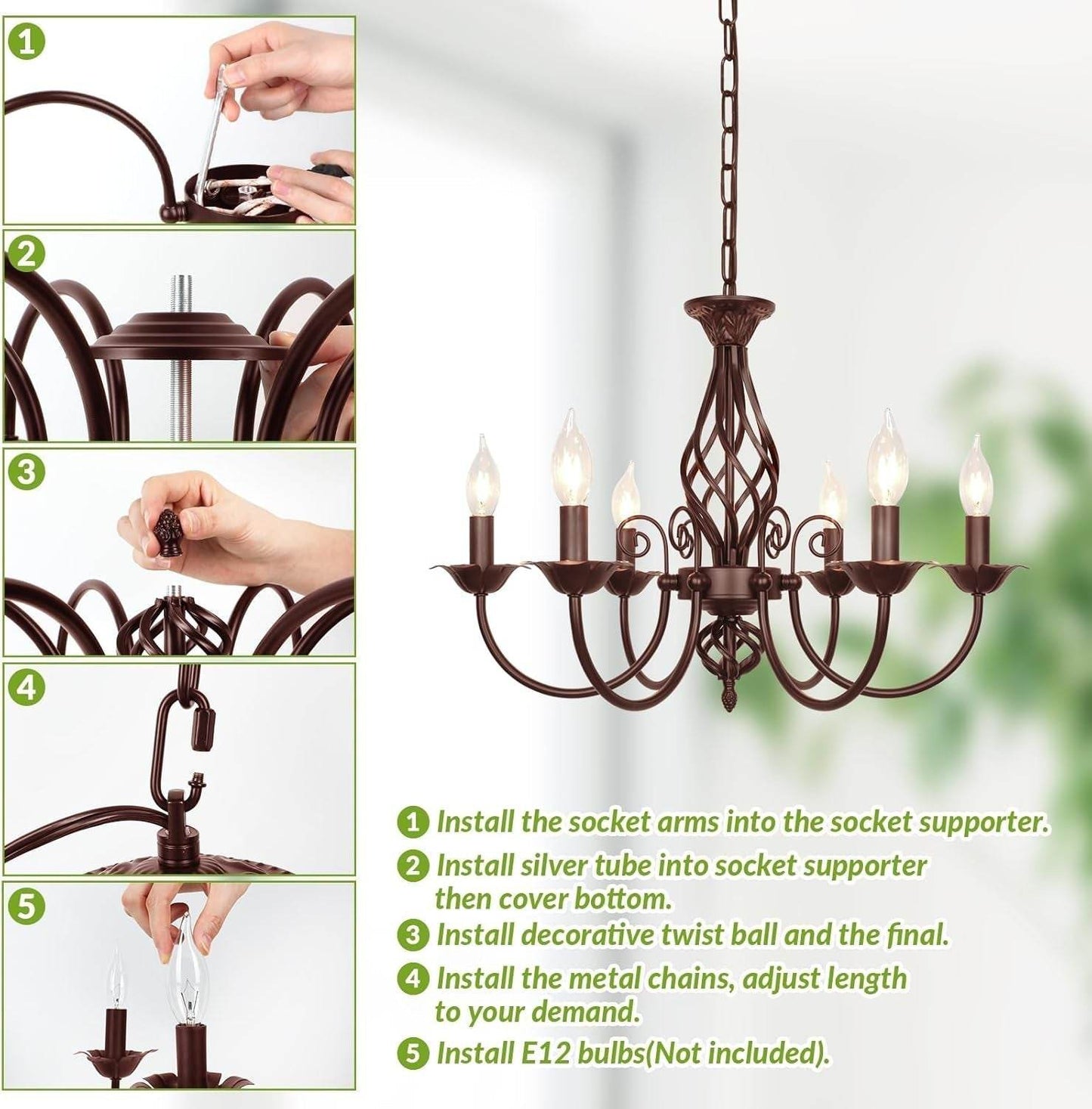 6-Light Farmhouse Candle Chandelier for Living Room, Rustic Industrial Pendant Ceiling Light Fixture, Vintage Hanging Lamp for Bedroom Hallway Kitchen Dining Room Foyer, E12 Socket, Oil Rubbed Brown - Loft&Timber