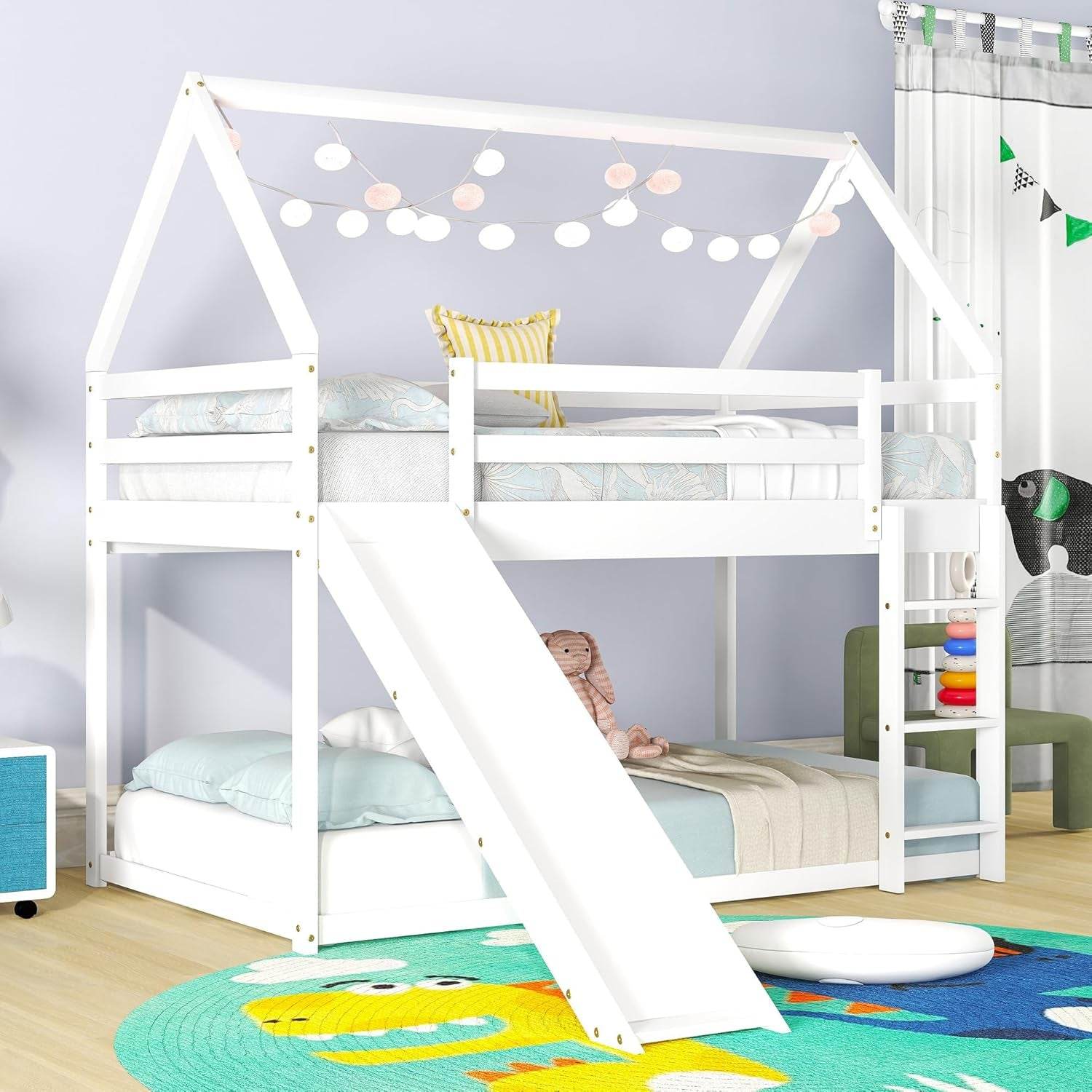 Twin over Twin House Bunk Bed with Slide,Floor Bunk Beds with Ladder for Kids,Solid Wood Twin Size Low Bunk Bed for Girls Boys - Loft&Timber