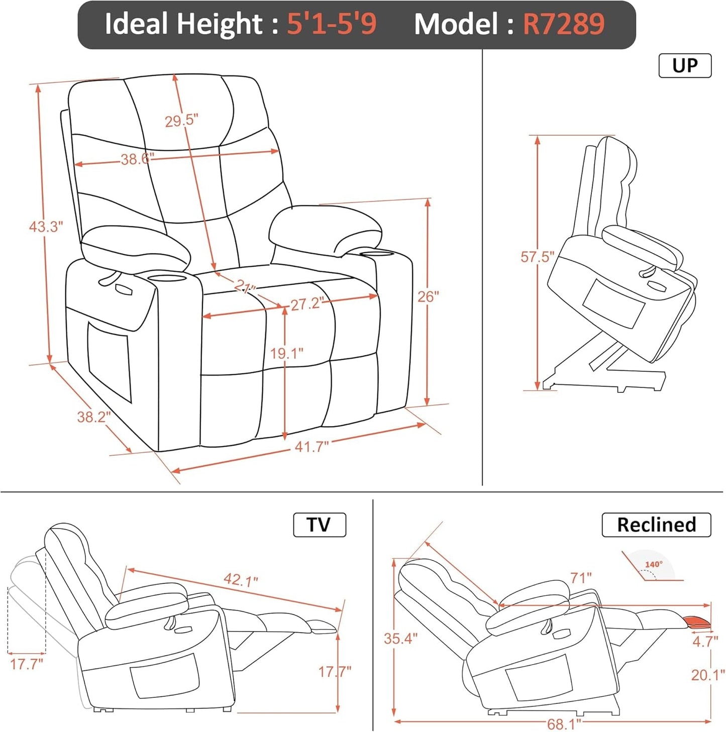 Power Lift Recliner Chair with Extended Footrest for Big Elderly People, Faux Leather R7289 (Dark Brown, Medium-Wide)-2