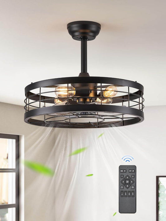 20 Inch Fandelier Caged Ceiling Fan with Light, Bladeless Ceiling Fan with Remote, Farmhouse Fan Lights Ceiling Fixtures for Kitchen, Bedroom, Outdoor(6 Speed, Timing)-Black - Loft&Timber