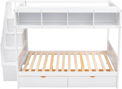 Twin over Full Bunk Bed with Storage Shelves, Stairs, Solid Wood Staiway Bunk Bed Frame with 2 Drawers, for Kids Teens Adults (White) - Loft&Timber