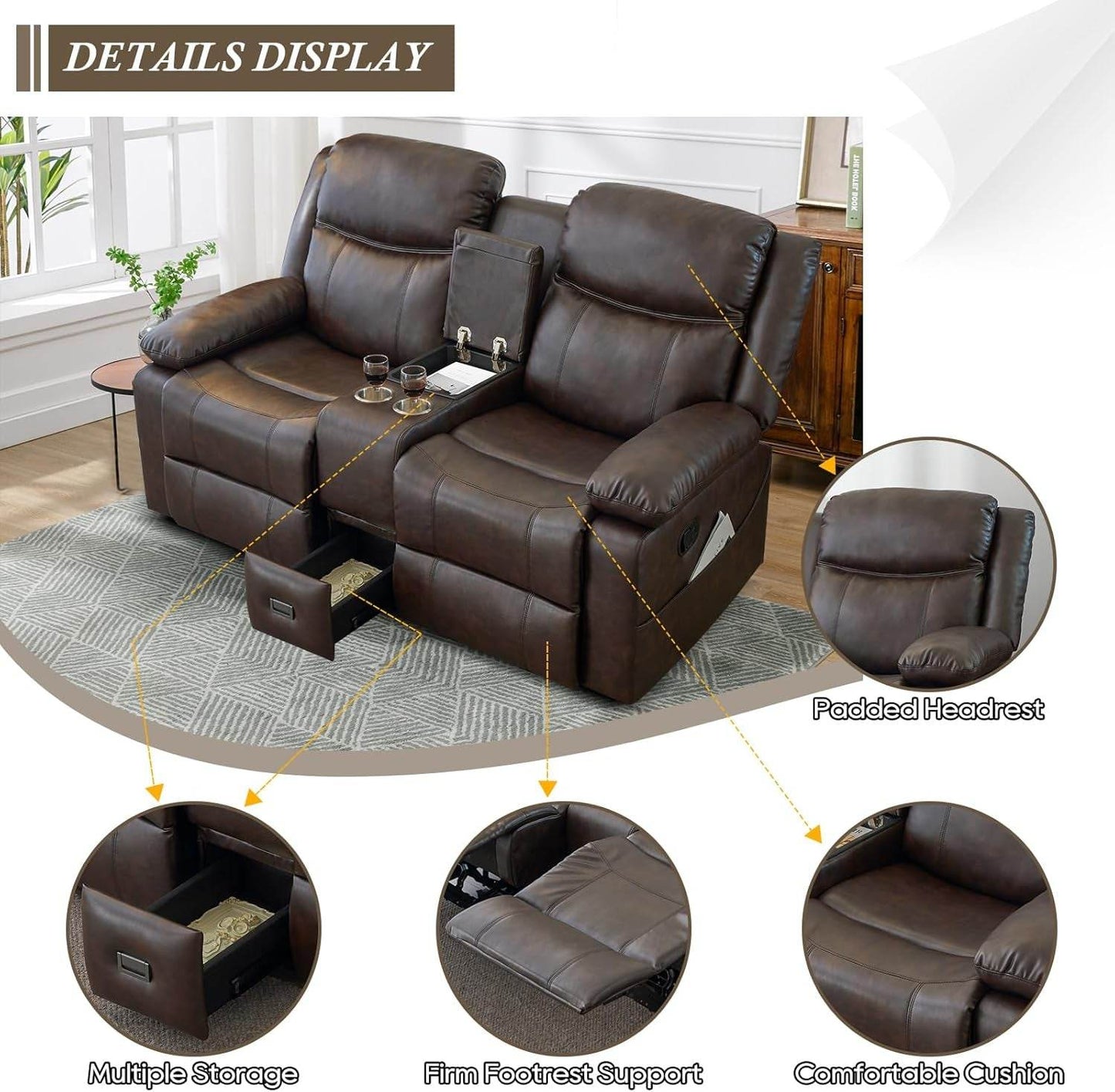 Loveseat Recliner, Reclining Loveseat with Console inBrown - Loft&Timber