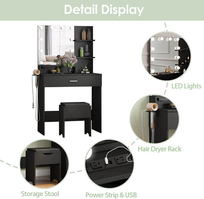 Black Makeup Vanity Table with Lighted Mirror - Loft&Timber
