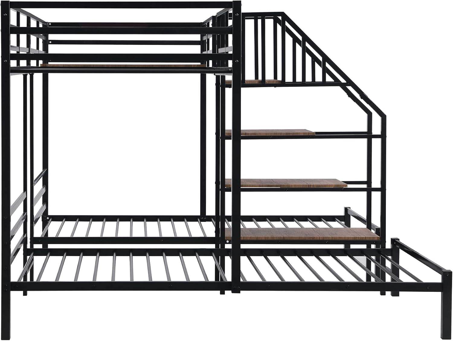 Metal Triple Bunk Bed with Stairs, 3 Beds Bunk Bed, Twin over Twin & Twin Bunk Bed with Storage Shelves Staircase, for Kids Teens Adults, Black - Loft&Timber