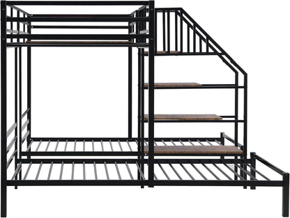Metal Triple Bunk Bed with Stairs, 3 Beds Bunk Bed, Twin over Twin & Twin Bunk Bed with Storage Shelves Staircase, for Kids Teens Adults, Black - Loft&Timber