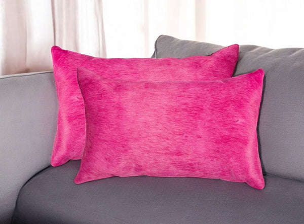 Set of Two 12" X 20" Fuchsia Cowhide Lumbar Throw Pillows-0