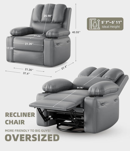 Oversized Recliner Chairs with Heat and Massage - 360° Swivel - Grey - Loft&Timber