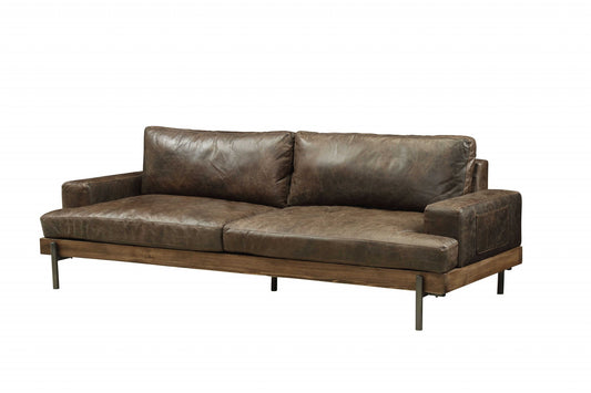 95" Chocolate Top Grain Leather Sofa With Black Legs-0