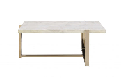 43" White and Gold Faux Marble And Iron Frame Coffee Table - Loft&Timber