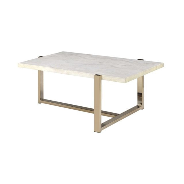 43" White and Gold Faux Marble And Iron Frame Coffee Table - Loft&Timber
