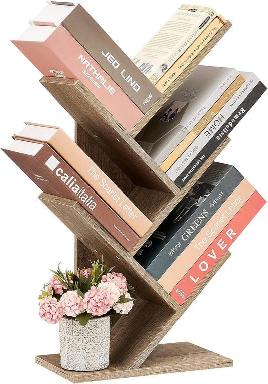 4 Tier Tree Bookshelf, 4 Shelf Bookcase, Modern Book Storage, Free Standing Tree Bookcase, Utility Organizer Shelves for Home Office, Living Room, Bedroom, Greige - Loft&Timber