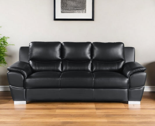 85" Black Leather Sofa With Silver Legs-0