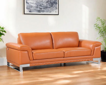 90" Orange Italian Leather Sofa With Silver Legs-0