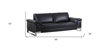 90" Black Italian Leather Sofa With Silver Legs-4