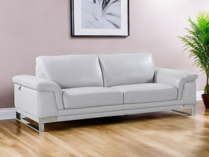 90" Light Gray Italian Leather Sofa With Silver Legs-0