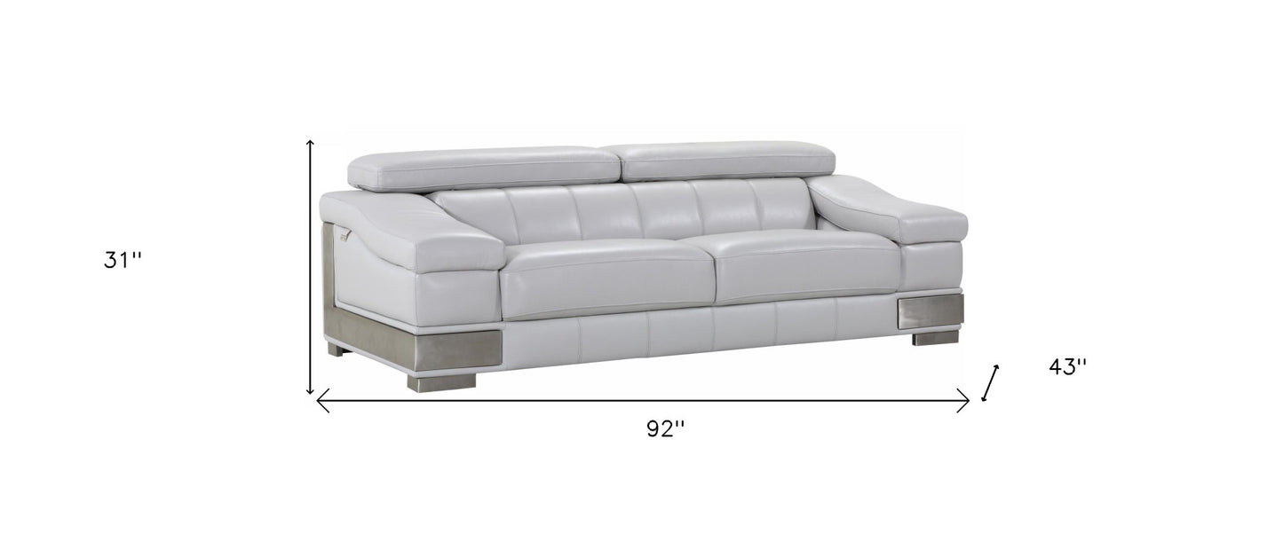 92" Light Gray Italian Leather Sofa With Silver Legs-4