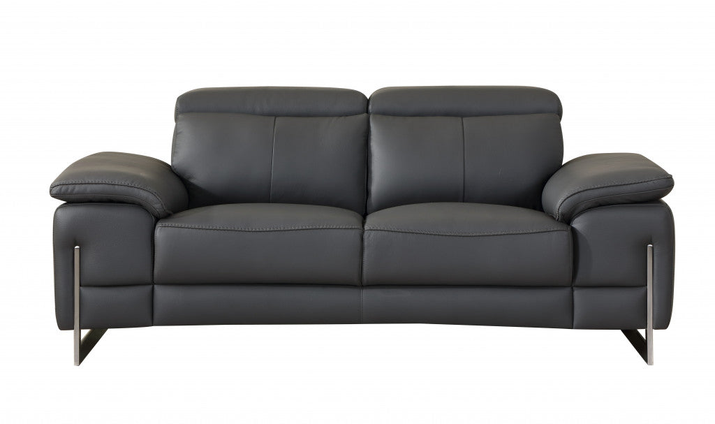 71" Dark Gray And Silver Genuine Leather Loveseat - Loft&Timber