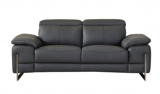 71" Dark Gray And Silver Genuine Leather Loveseat - Loft&Timber