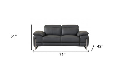 71" Dark Gray And Silver Genuine Leather Loveseat - Loft&Timber