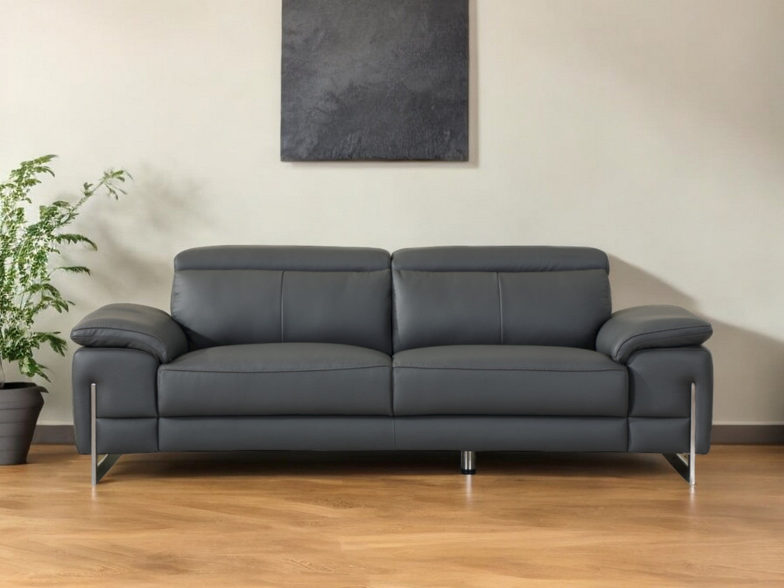 87" Dark Gray Italian Leather Sofa With Silver Legs-1