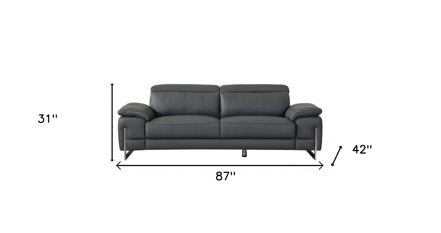 87" Dark Gray Italian Leather Sofa With Silver Legs-7