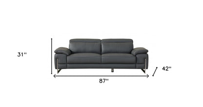 87" Dark Gray Italian Leather Sofa With Silver Legs-7