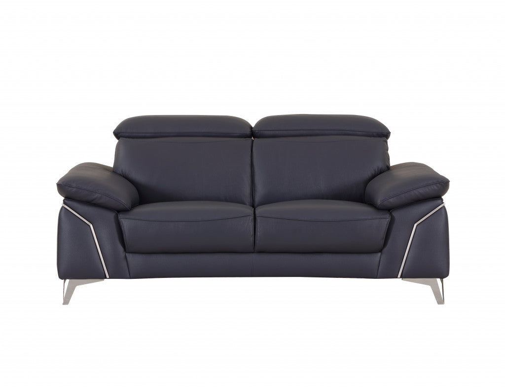 71" Navy Blue And Silver Genuine Leather Loveseat - Loft&Timber