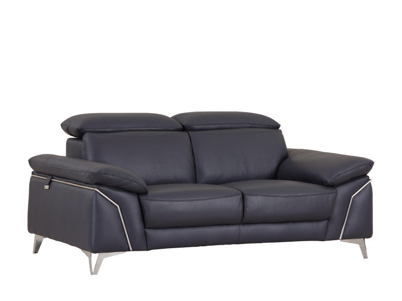 71" Navy Blue And Silver Genuine Leather Loveseat - Loft&Timber