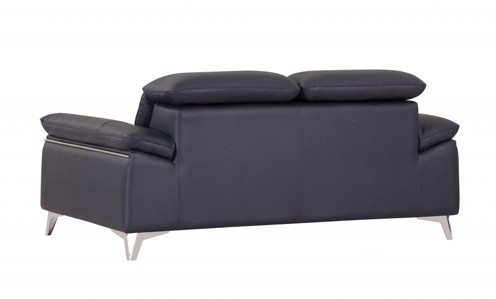 71" Navy Blue And Silver Genuine Leather Loveseat - Loft&Timber