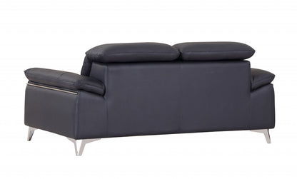 71" Navy Blue And Silver Genuine Leather Loveseat - Loft&Timber